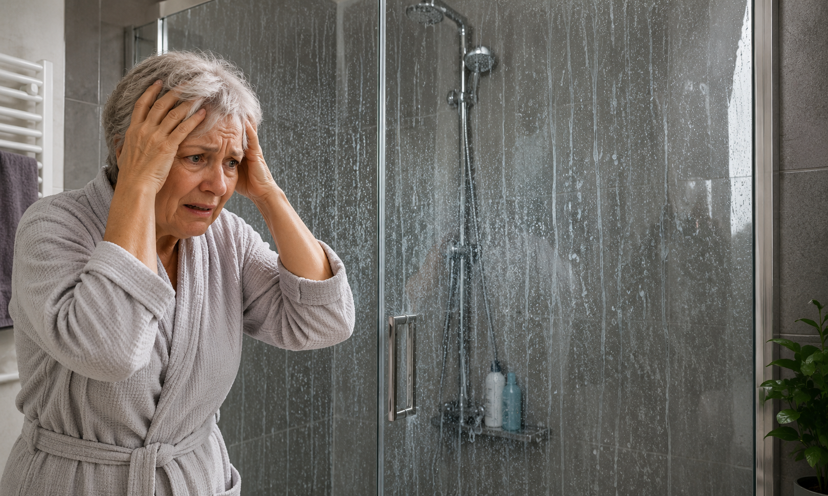 Ebenerdige Dusche mit großer Glaswand – Wasserflecken und milchiger Schleier auf dem Glas