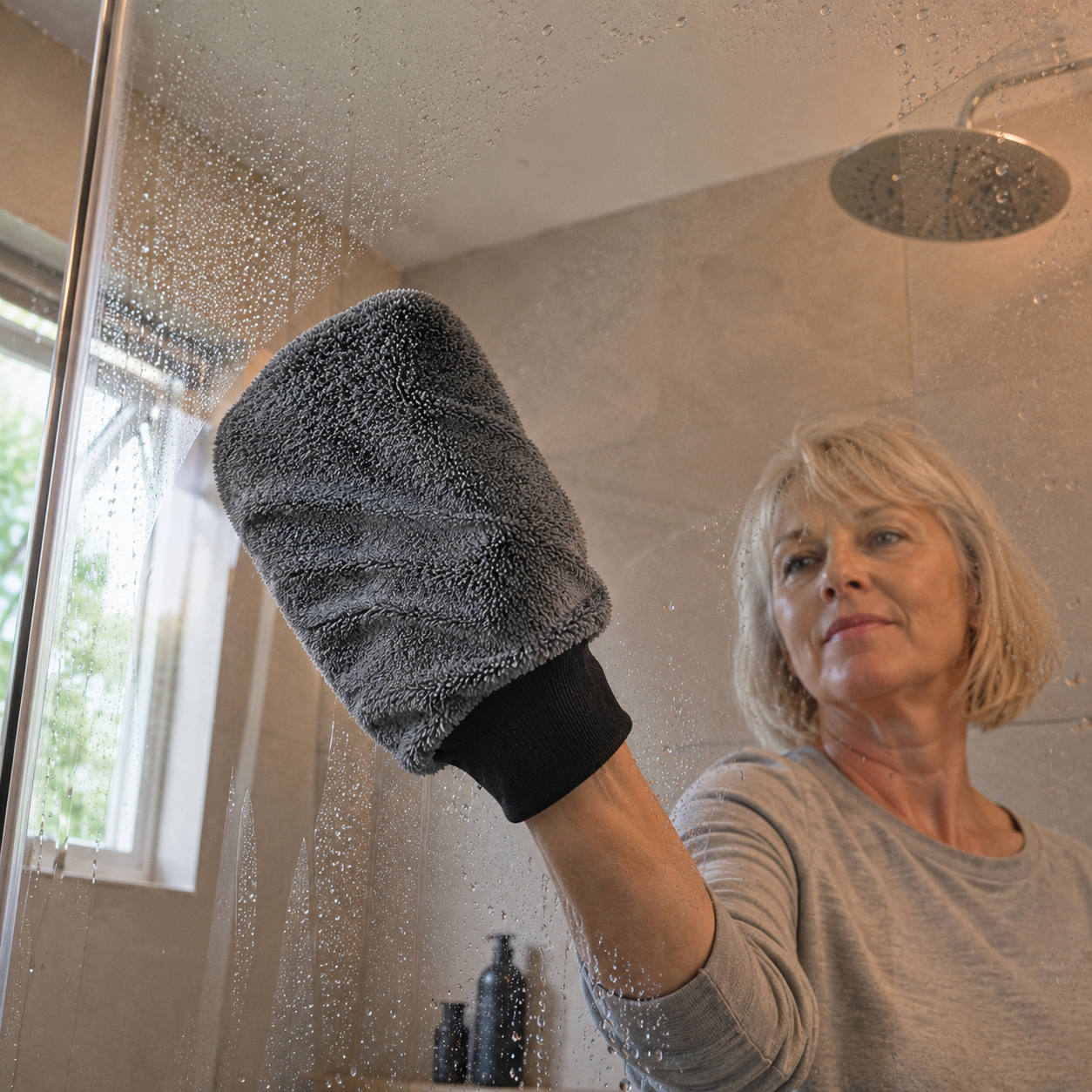 WaterJake Sexy Teeny Trocken-Handschuh an der Duschglaswand – ein Zug, kein Wasserfleck